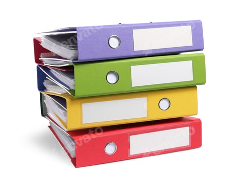 Stack of Colorful Ring Binders with Blank Labels on White Background