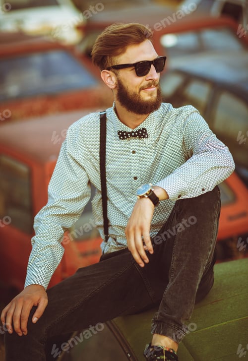 Preview: Portrait of a young handsome stylish man, wearing shirt and bow-