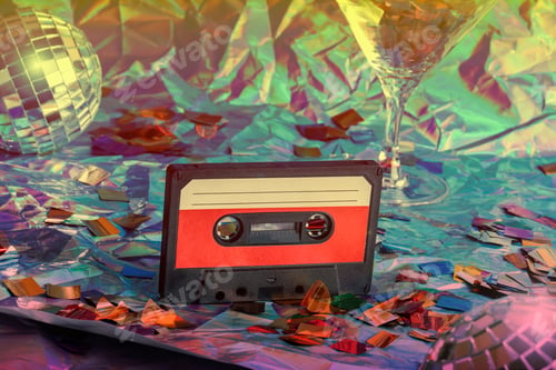Preview: old cassette tape, disco ball and cocktail glass on crumpled neon background.retro and nostalgia