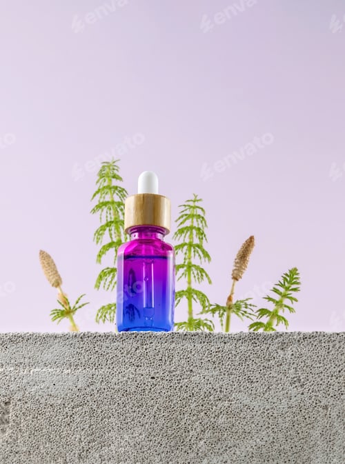 Preview: bottle with an essential oil pipette on a stone table and green horsetail twigs