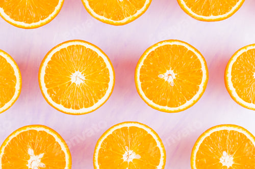Preview: Background Of Oranges Fruits. Many Halves Of Fresh Oranges, Top View. Citrus For Making Juice. A