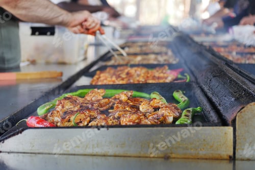 Preview: Grilling chicken and vegetables at outdoor market in summer