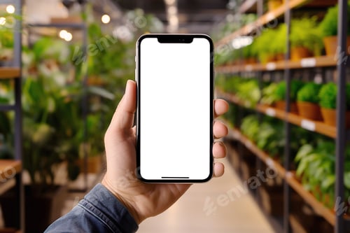 Preview: Mockup of male hand holding smartphone with white empty screen in the background of garden center