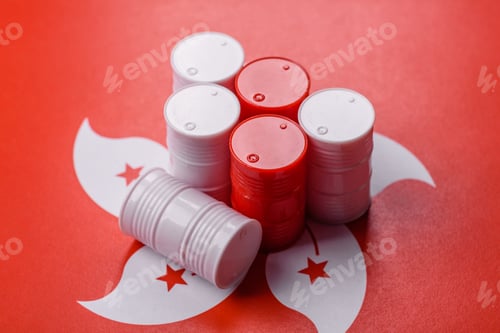 Preview: Metal barrels of oil, gas, or chemicals on the hong kong flag. Barrels of oil