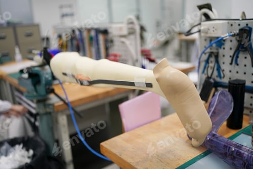 Preview: Orthopedic technician making prosthetic leg for disabilities people in workshop.