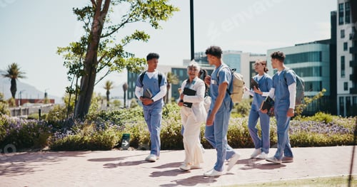 Preview: Medical student, university and professor with people in outdoor for college, healthcare and teache