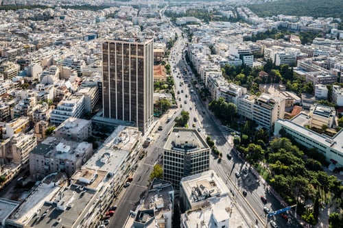 Preview: Aerial view of Athens Tower, complex of two buildings situated in Athens, Greece