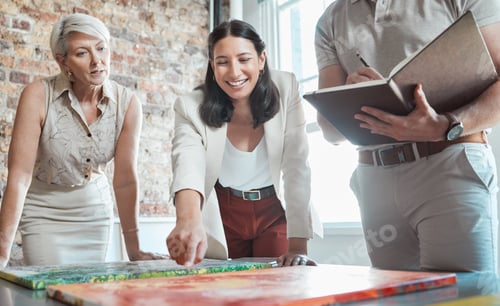 Preview: Creative, teamwork and art gallery worker team collaboration for a artist show project. Working, pl