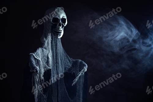 Preview: Mysterious creature with skull in smoke under the blue night light for Halloween