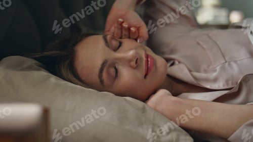 Preview: Closeup sleepy girl waking up in early morning. Smiling woman reading message