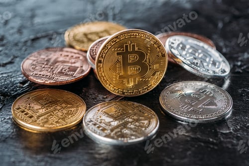 Preview: close up view of various bitcoins on dark surface