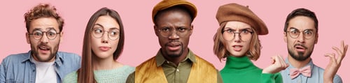 Preview: Discontent mixed race people express negative feelings, pose against pink studio background. Puzzled