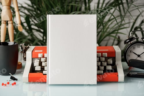 Preview: Hardcover book and vintage typewriter on white desk