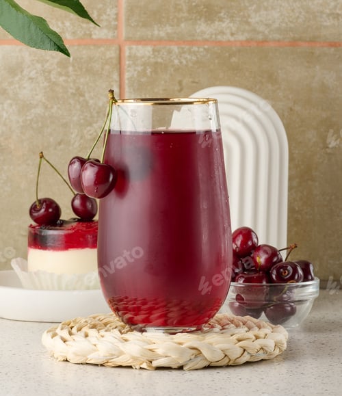 Preview: Cherry juice in a transparent glass and fresh cherries on a white table