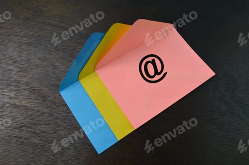 Preview: Colorful envelopes with email symbols. Social media concept.