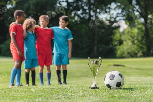 Preview: selective focus of trophy and football near cute multicultural winners hugging outside