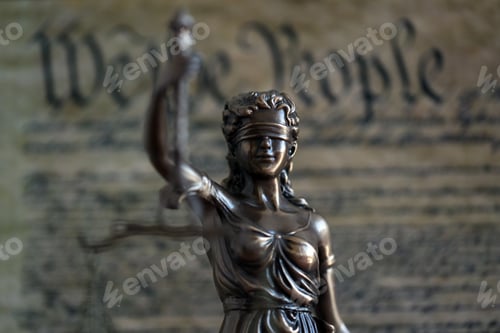 Preview: Low key scene with Lady Justice and backdrop of US Constitution page close up. Lawsuit and judgement