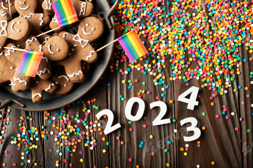 Preview: New year background of tray with gingerbread cookie men, rainbow flags and color sprinkles
