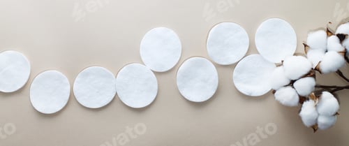 Preview: fluffy cotton flower cotton pads on beige background with copy space.