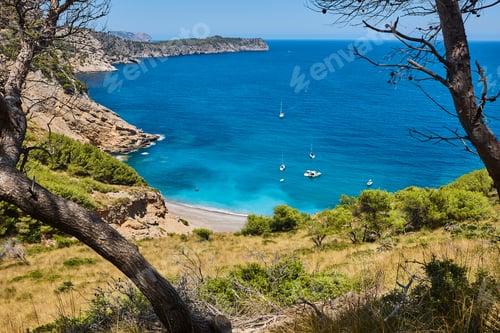 Preview: Turquoise waters in Mallorca. Coll Baix beach. Mediterranean coastline. Balearic