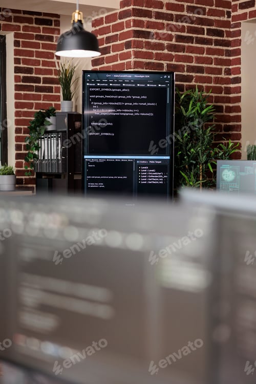 Preview: Interior of empty data center office with multiple computer screens showing programming line codes