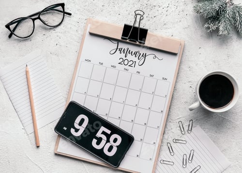 Preview: January 2021 calendar flat lay.