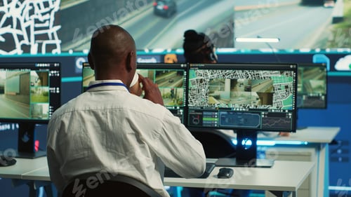 Preview: Diverse employees operators tracking delivery cars on satellite navigation