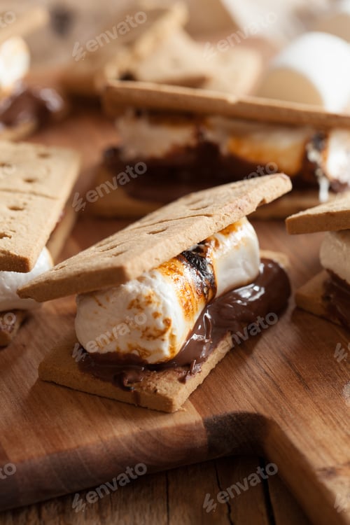 Preview: homemade marshmallow s'mores with chocolate on crackers