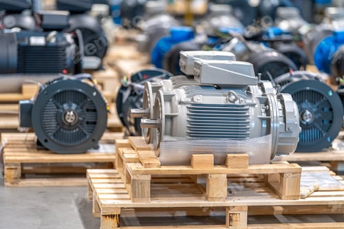 Preview: new electric motors on pallets in the warehouse