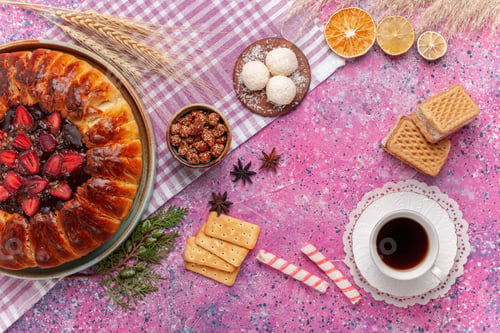 Preview: top view yummy strawberry pie fruity cake with tea and wafels on pink background dough tea sweet pie