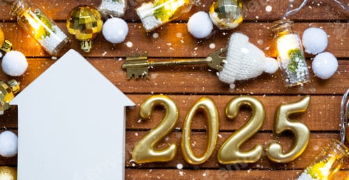 Preview: House key with tiny figure of home mock up on festive brown wooden background, lights of garlands. N