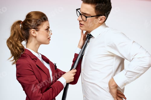 Preview: man and woman work colleagues officials communication light background