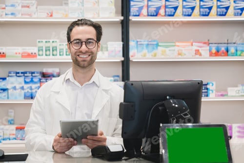 Preview: Pharmacist using digital tablet standing at cash point desk in pharmacy with green screen mockup