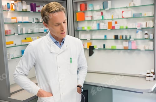 Preview: Adult man in lab coat standing behind pharmacy counter checking meds on shelves pen clipped watch