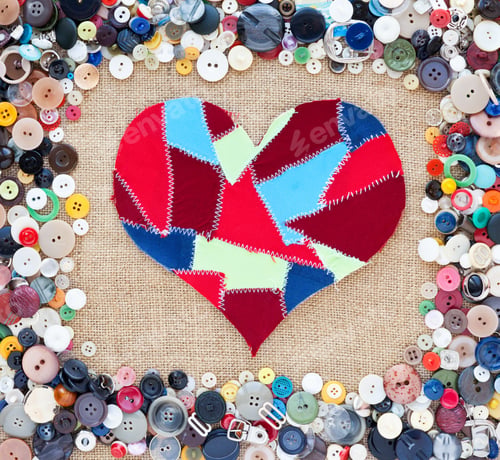 Preview: fabric scraps heart on texture background. Valentine's Day. Buttons frame