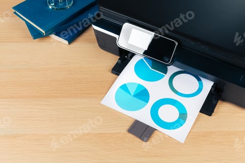 Preview: close up modern printer screen in office