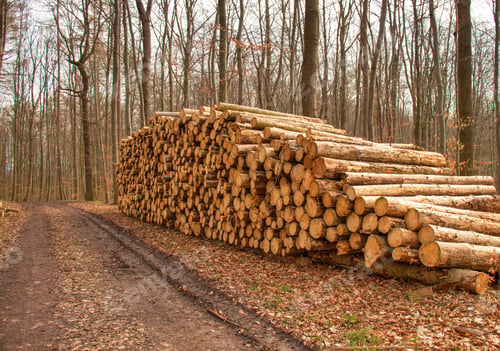 Preview: deforestation, cut down trees lie in a stack in the forest, collecting firewood