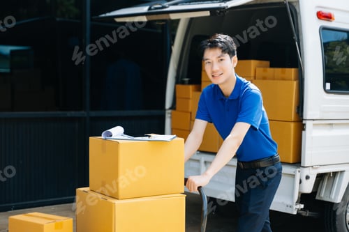 Preview: Portrait of courier delivery man searching the address on digital tablet. Delivery service,