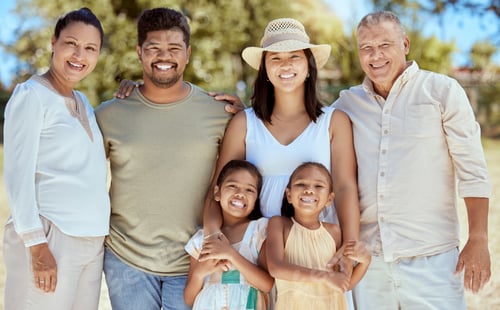 Preview: Nature, summer and portrait of big family in park for fun, bonding and quality time together outdoo