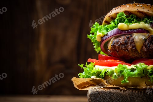 Preview: Grilled Burger with Vegetables on Wooden Background