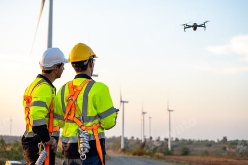 Preview: Diverse ethnicity male technicians working in the wind turbines field.