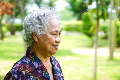 Preview: Asian senior or elderly old lady woman smile bright face with strong health while walking at park in