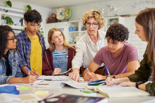 Preview: Mature teacher guiding student during study in group session at school