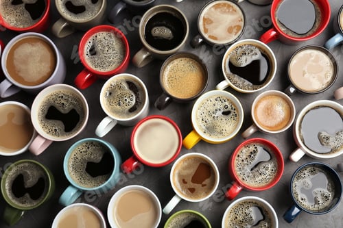 Preview: Many cups with tasty aromatic coffee on table, flat lay