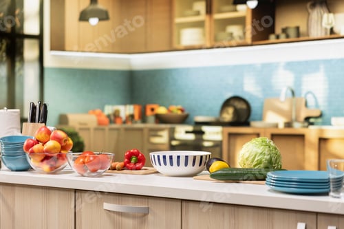 Preview: Bright modern kitchen interior with elegant furniture and wooden cupboards