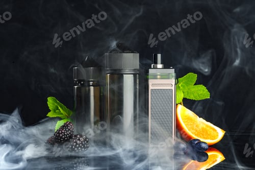 Preview: Vape and smoking liquid with fruit against black background with smoke