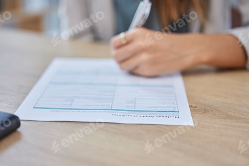 Preview: Mortgage application, signature and woman hands for loan agreement, contract and legal documents on