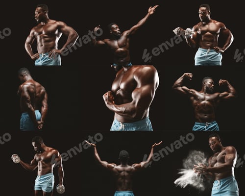 Preview: A strong athlete showcasing powerful poses in a dramatic studio setting