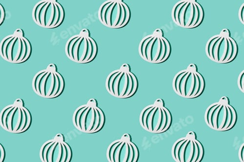 Preview: Christmas background. Balls pattern. Christmas tree toy, white wooden ball on blue. Creative concept