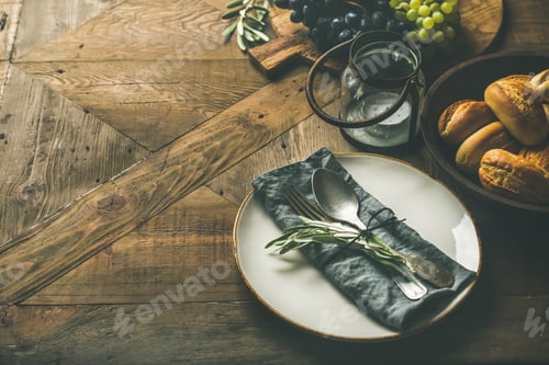 Preview: Fall holiday table decoration setting for gathering, copy space